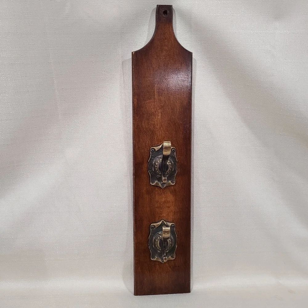 Wood Wall Hook Rack with Brass Double Hooks - Brown